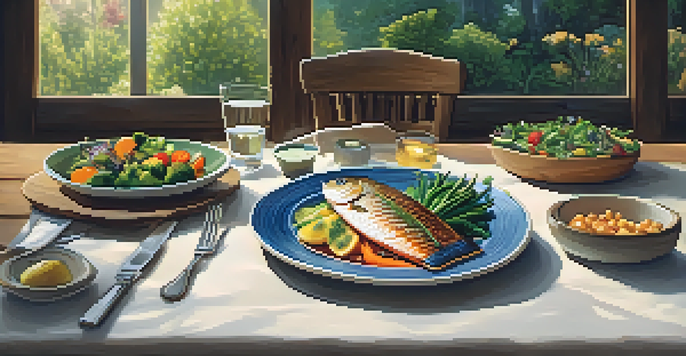 A table set with a dish of seared fish and colorful vegetables in a cozy restaurant ambiance.