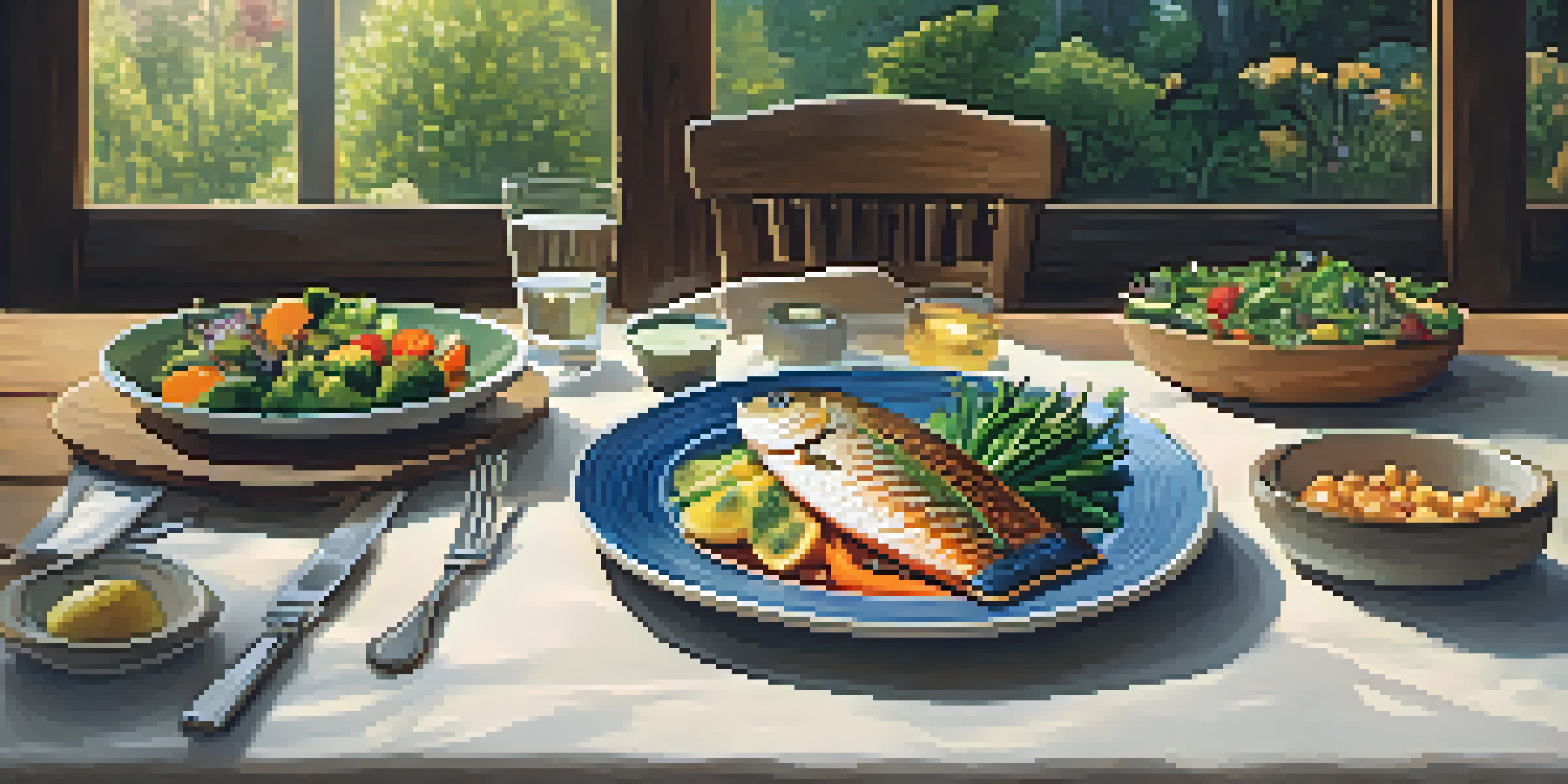 A table set with a dish of seared fish and colorful vegetables in a cozy restaurant ambiance.