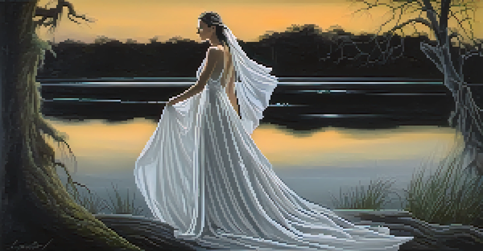 The ghostly figure of the 'Lady in White' near the river, wearing a flowing white gown and looking into the distance, with the moonlight illuminating the scene.