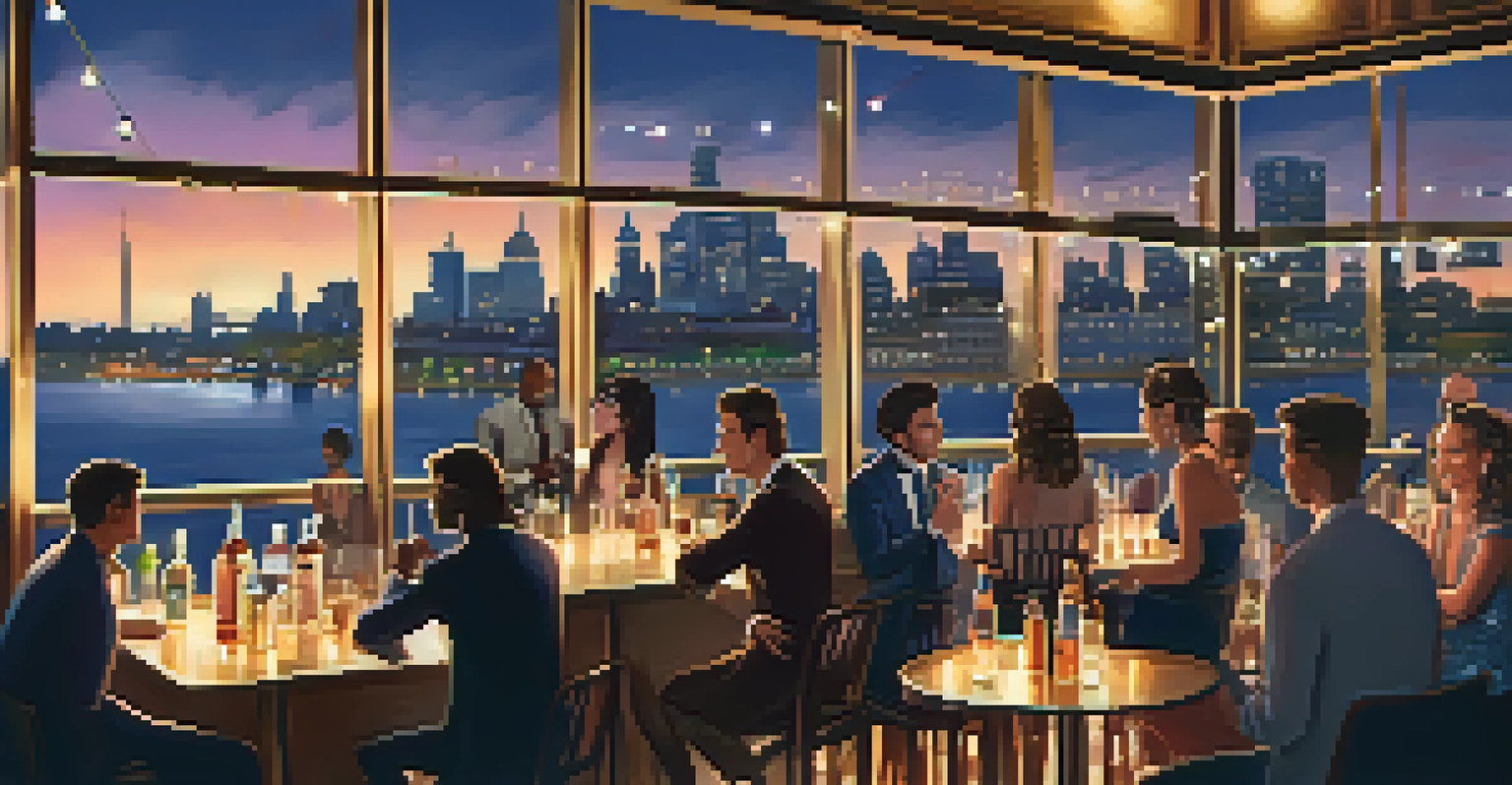 A rooftop bar scene with people enjoying cocktails and beautiful views of the river and skyline during sunset, illuminated by string lights.