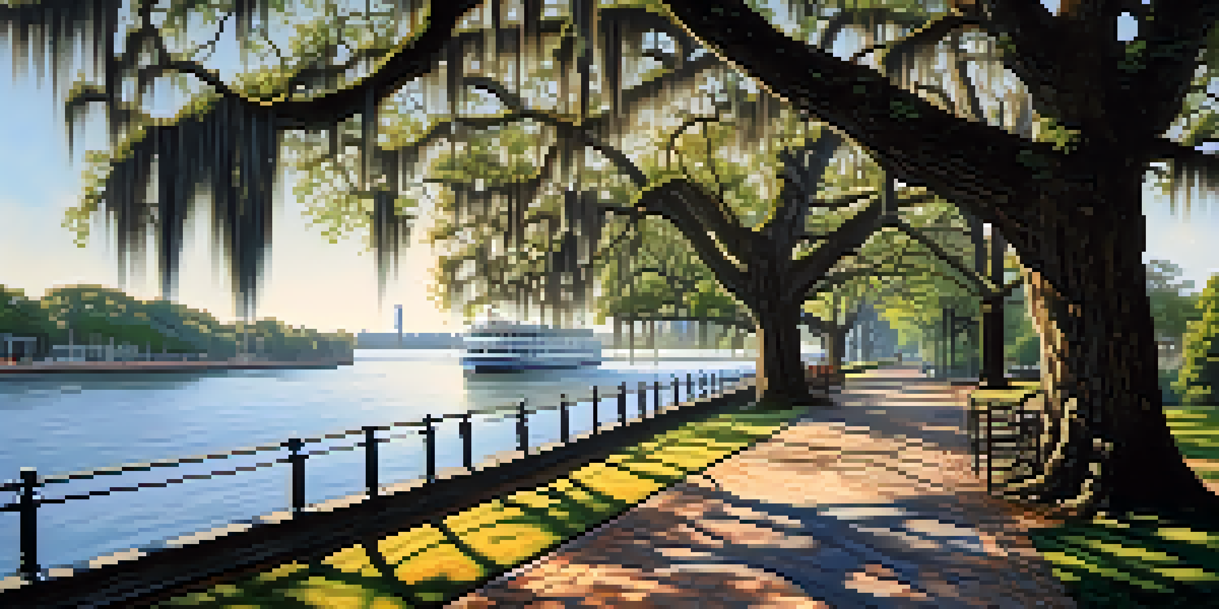 A picturesque riverfront scene in Savannah with oak trees, a riverboat, and sunlight filtering through the leaves.