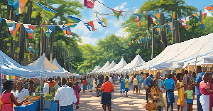 A lively festival scene with colorful tents, food stalls, and attendees enjoying the Gullah Festival, set against a backdrop of greenery and historic architecture.