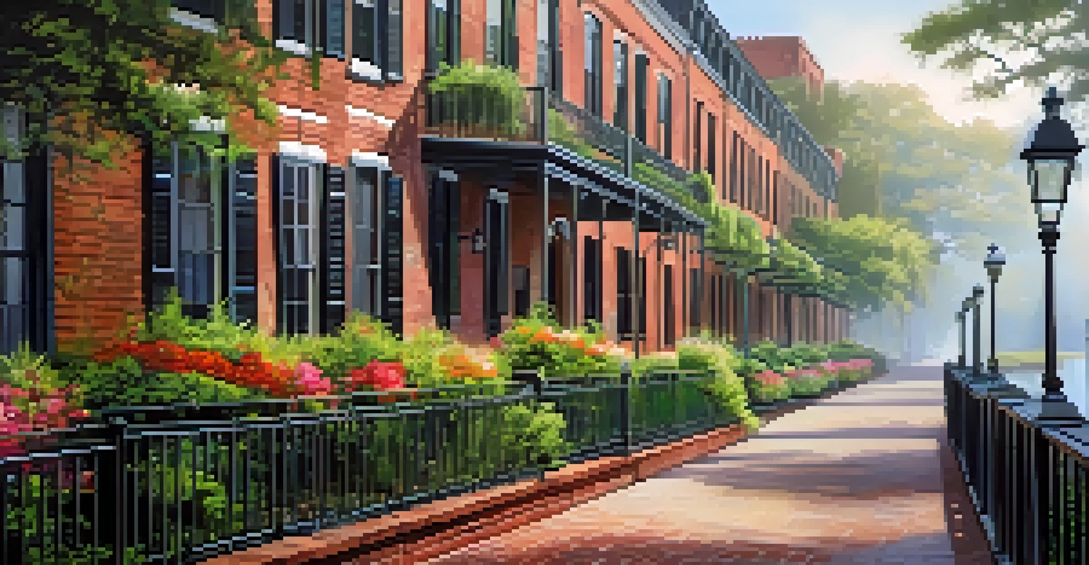 A tranquil morning view of Factors Walk, featuring mist over the river, historic buildings, and colorful flower boxes.