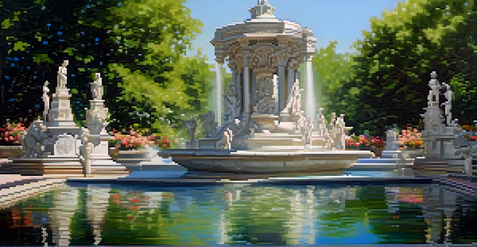 Detailed close-up of the sculptures on Forsyth Fountain, surrounded by flowers and greenery, with sunlight reflecting off the water.