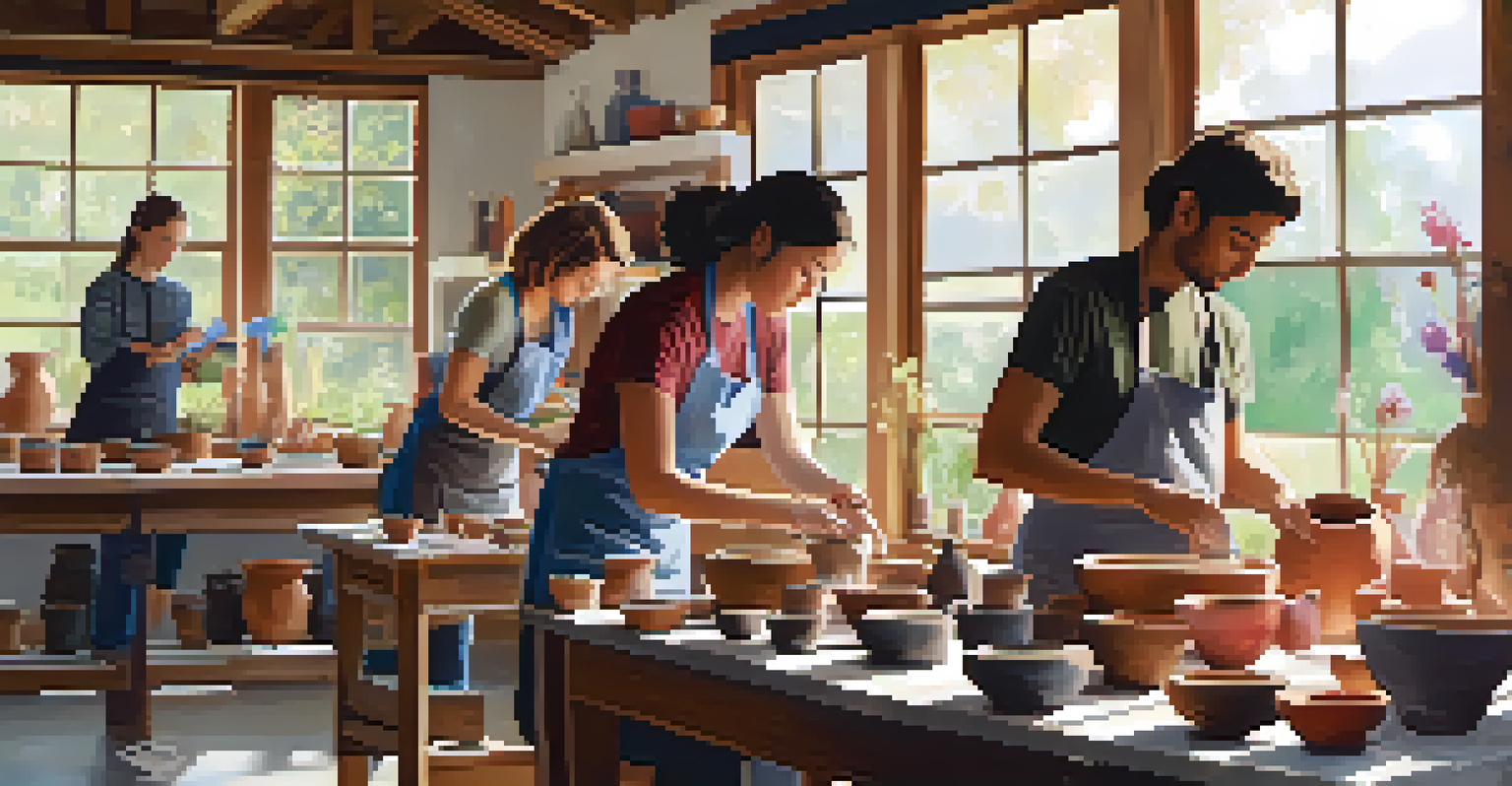An art studio with adult students engaged in a pottery class, surrounded by colorful pottery and illuminated by natural light from large windows.