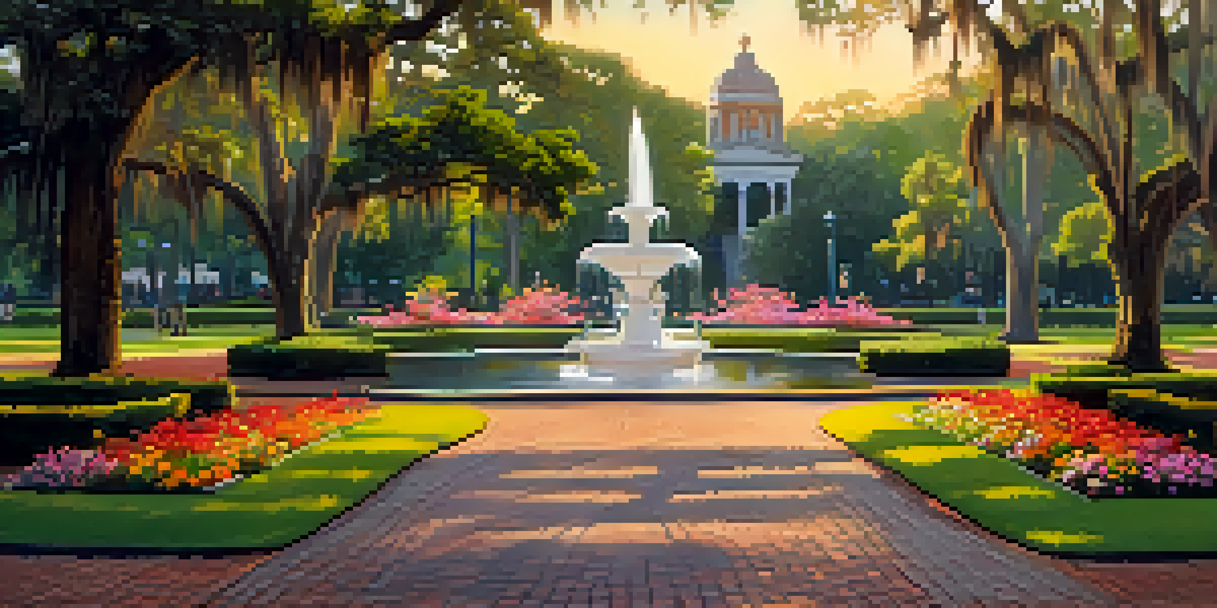 A picturesque scene of Forsyth Park featuring a fountain surrounded by vibrant flowers and trees, with people enjoying the outdoors during sunset.