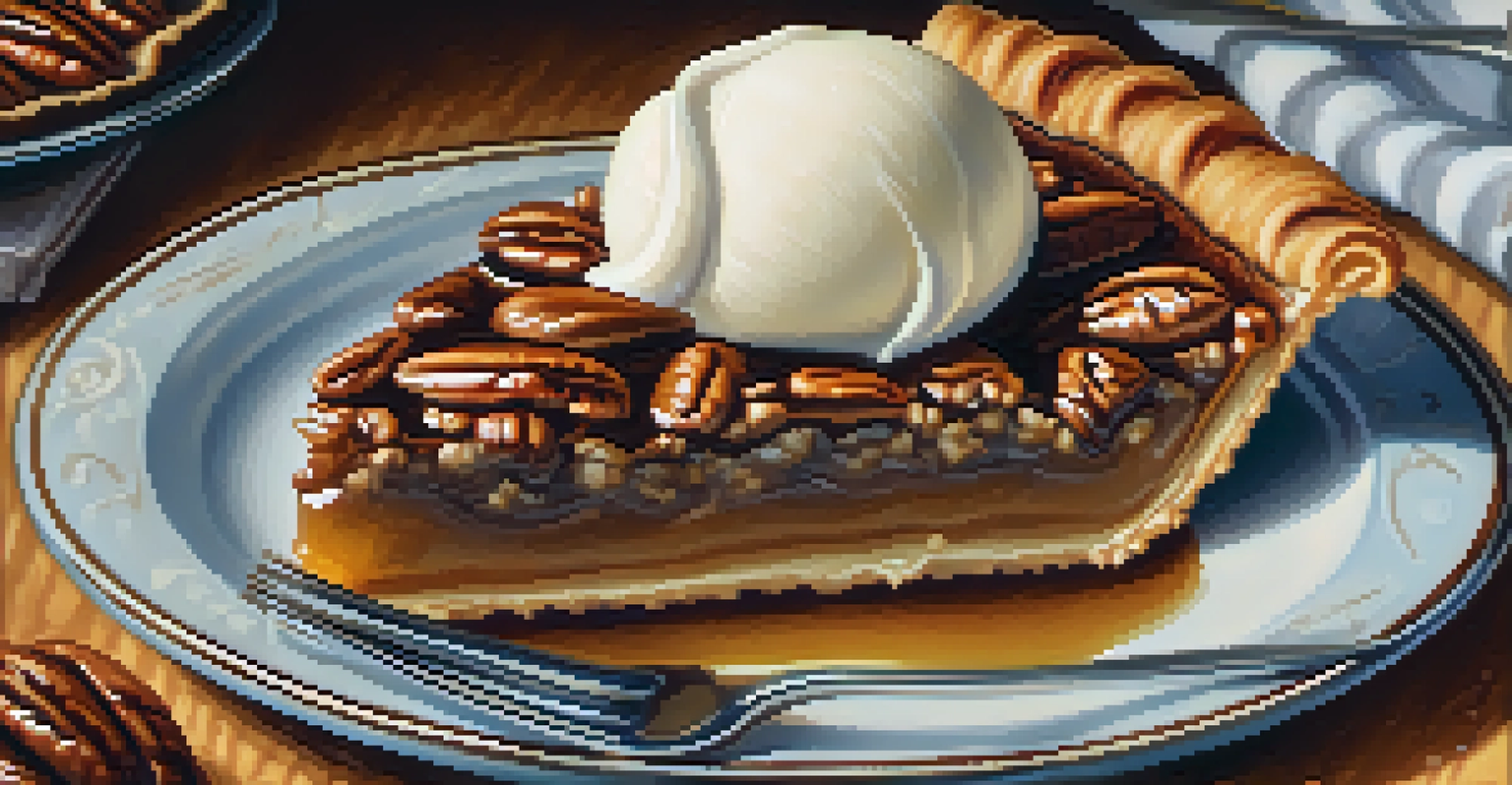 A slice of pecan pie with a scoop of melting vanilla ice cream on a vintage plate, in a cozy kitchen setting.