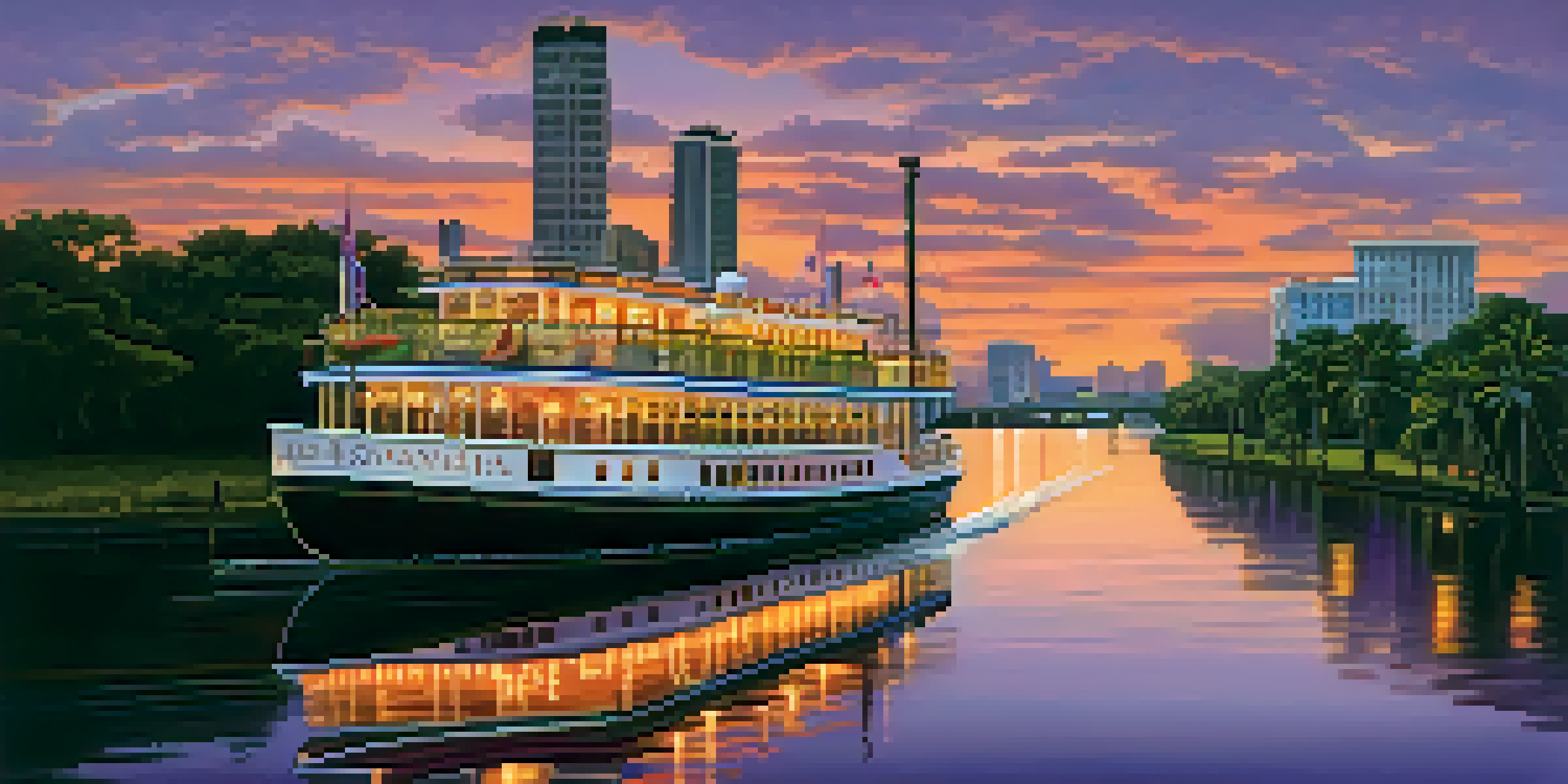 A picturesque sunset view of a riverboat on the Savannah River, with a colorful sky and Spanish moss trees.