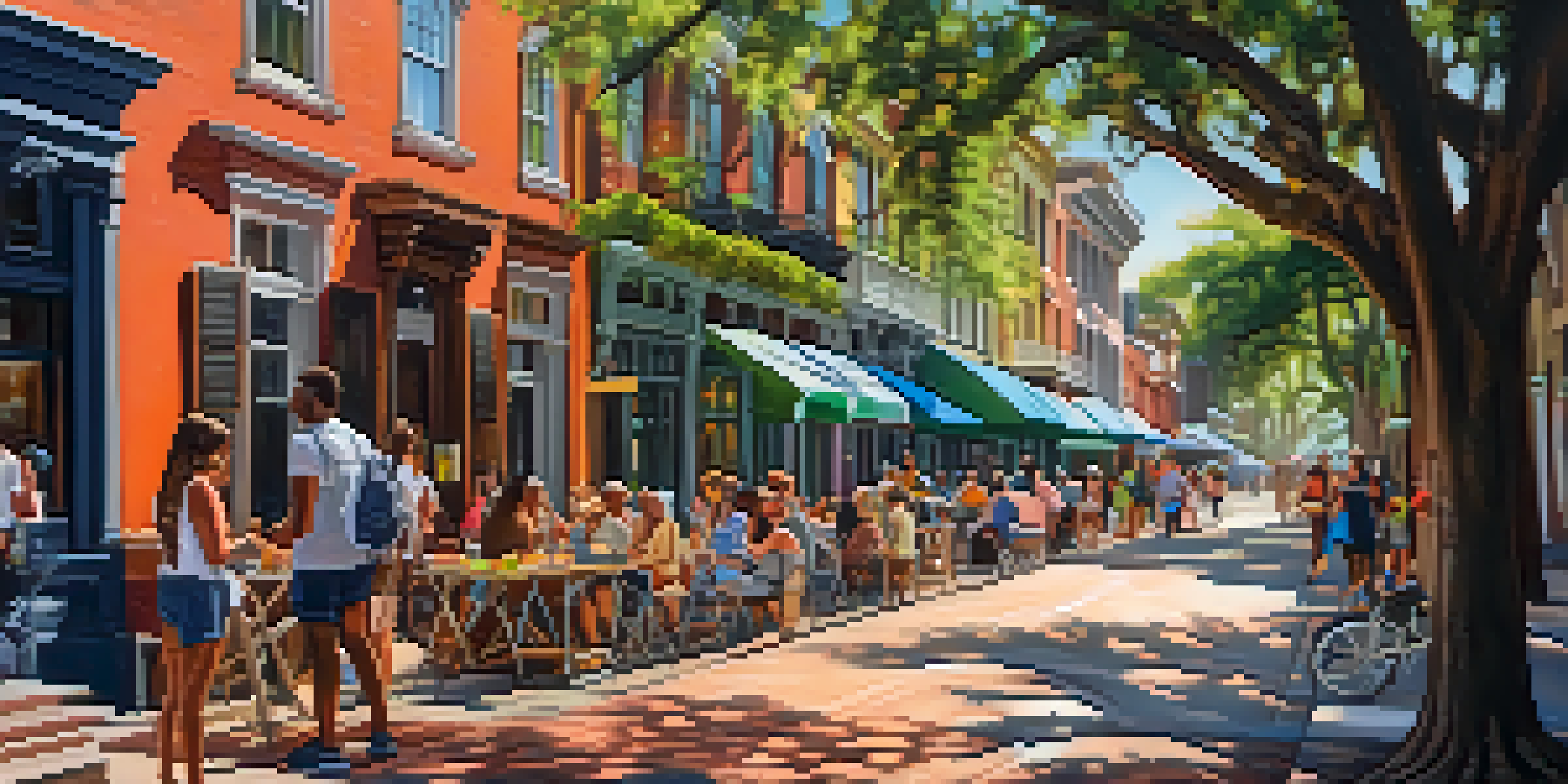 A lively street scene in Savannah during an art festival with local artists painting murals on the pavement, surrounded by historic buildings and greenery.