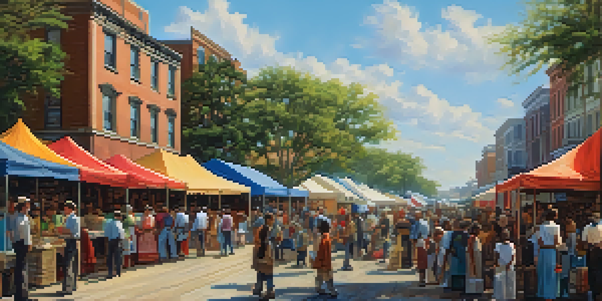A vibrant street scene in Savannah after the Civil War, with community members at a fundraising fair, colorful tents, and historic buildings in the background.