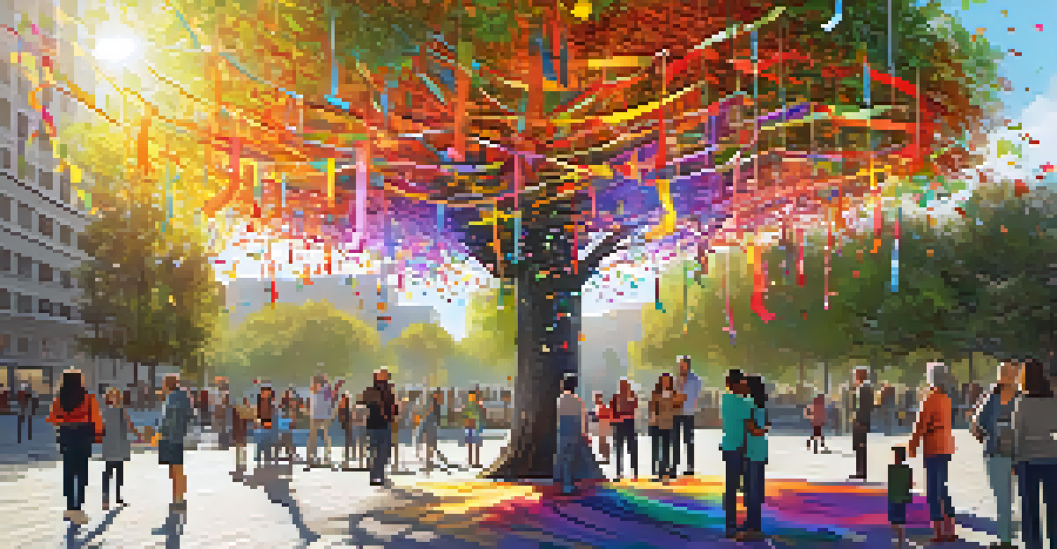 An interactive 'Wish Tree' installation with colorful ribbons hanging from its branches and people participating.