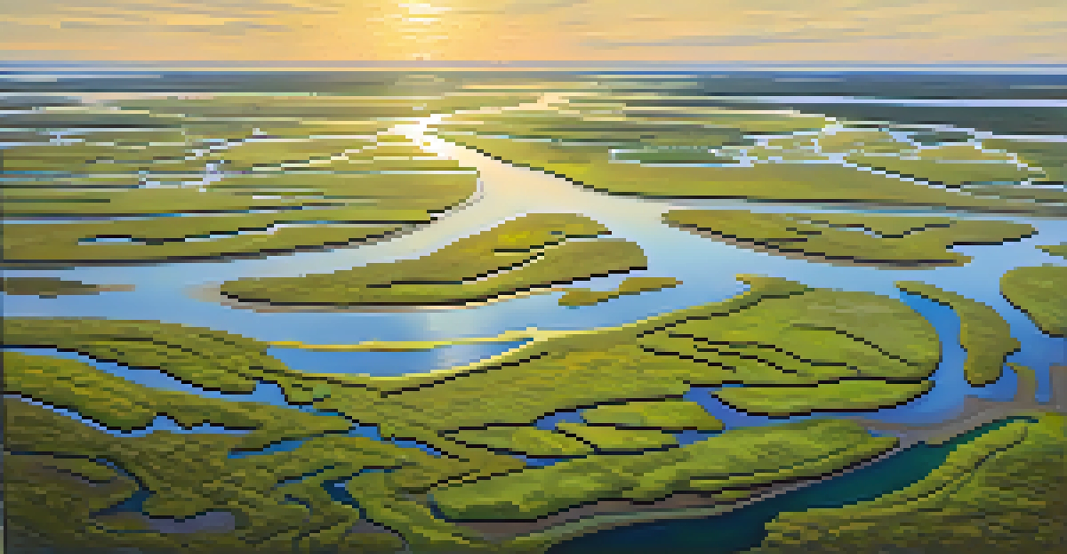 An aerial perspective of Savannah's coastal marshlands, showcasing the patterns of water and vegetation under warm sunlight.