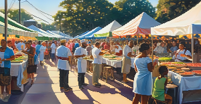 A lively outdoor food festival featuring chefs cooking Southern dishes, with colorful stalls and attendees enjoying the atmosphere.