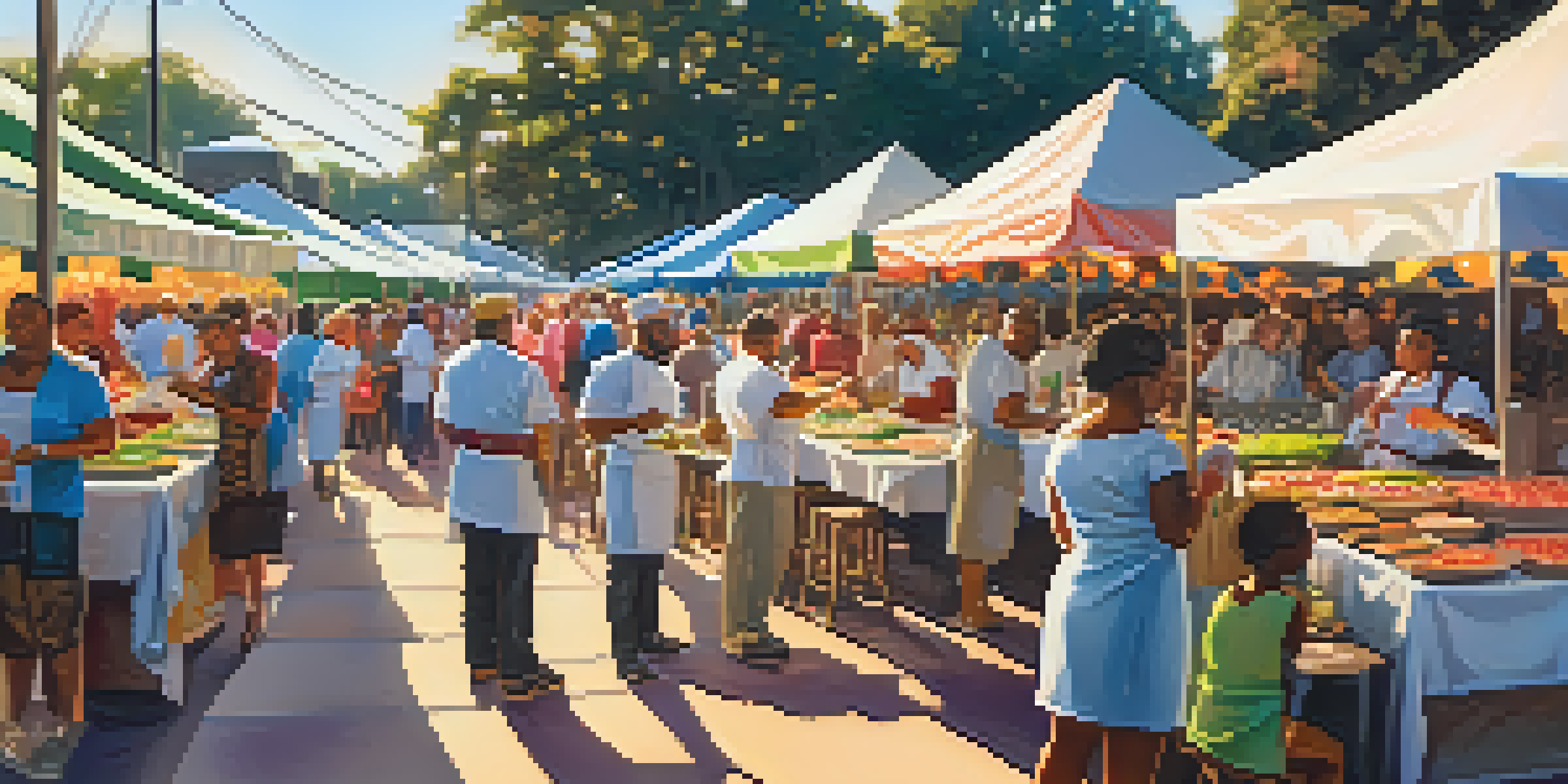 A lively outdoor food festival featuring chefs cooking Southern dishes, with colorful stalls and attendees enjoying the atmosphere.
