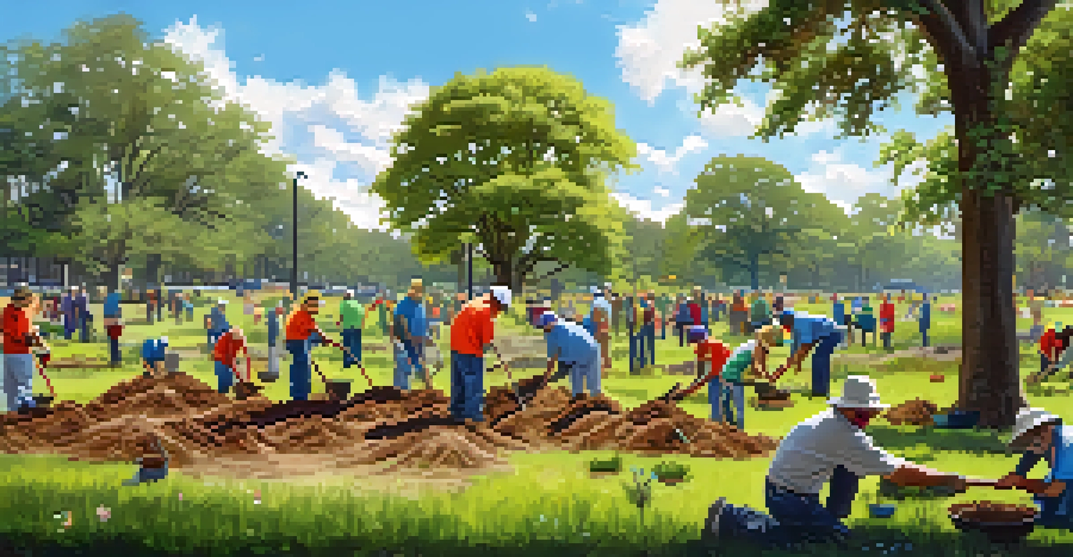Volunteers of various ages participating in a tree planting event in a sunny park with green grass and flowers.