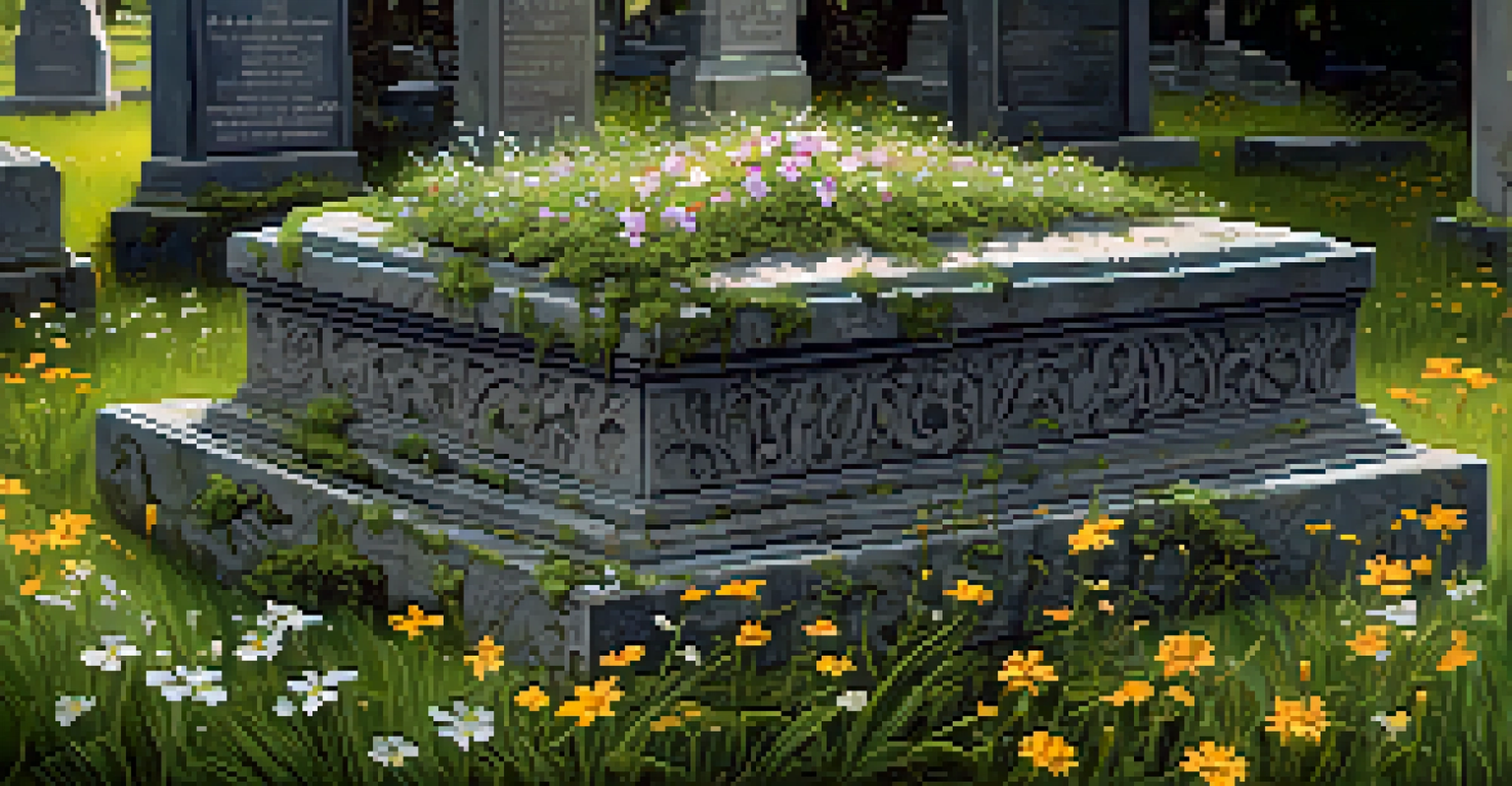 A detailed close-up of a moss-covered headstone surrounded by wildflowers in a Savannah cemetery.