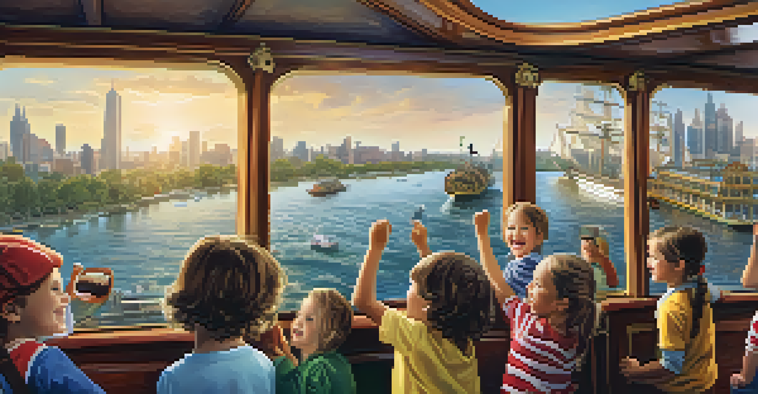 Children engaged in a treasure hunt on a riverboat, with pirate-themed decorations and parents capturing the fun.