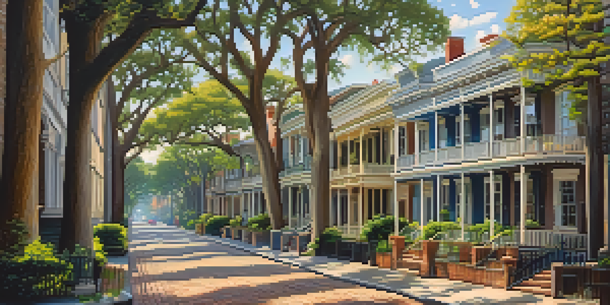 A scenic view of Savannah's Historic District with cobblestone streets and majestic oak trees, featuring Victorian homes and colorful flowers.