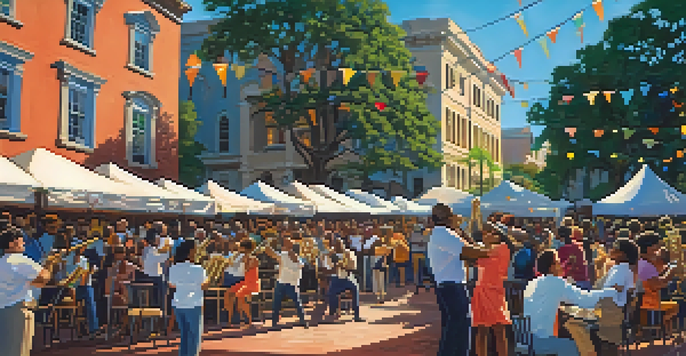 A lively outdoor scene at the Savannah Jazz Festival with a diverse crowd enjoying live jazz music, musicians on stage, and historic buildings in the background.