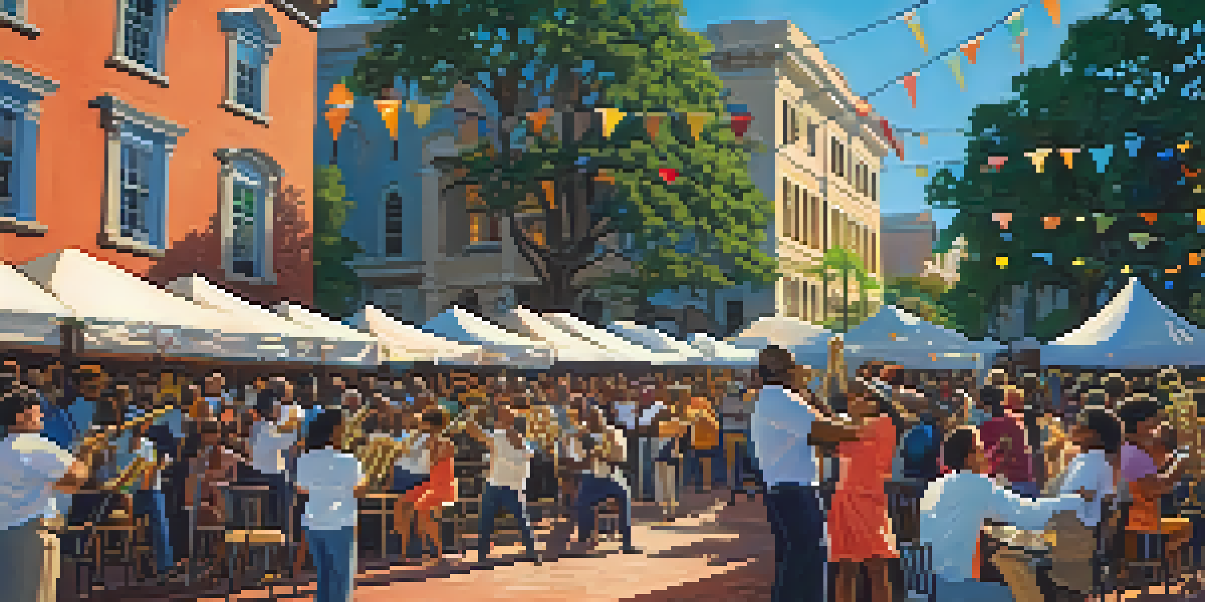 A lively outdoor scene at the Savannah Jazz Festival with a diverse crowd enjoying live jazz music, musicians on stage, and historic buildings in the background.