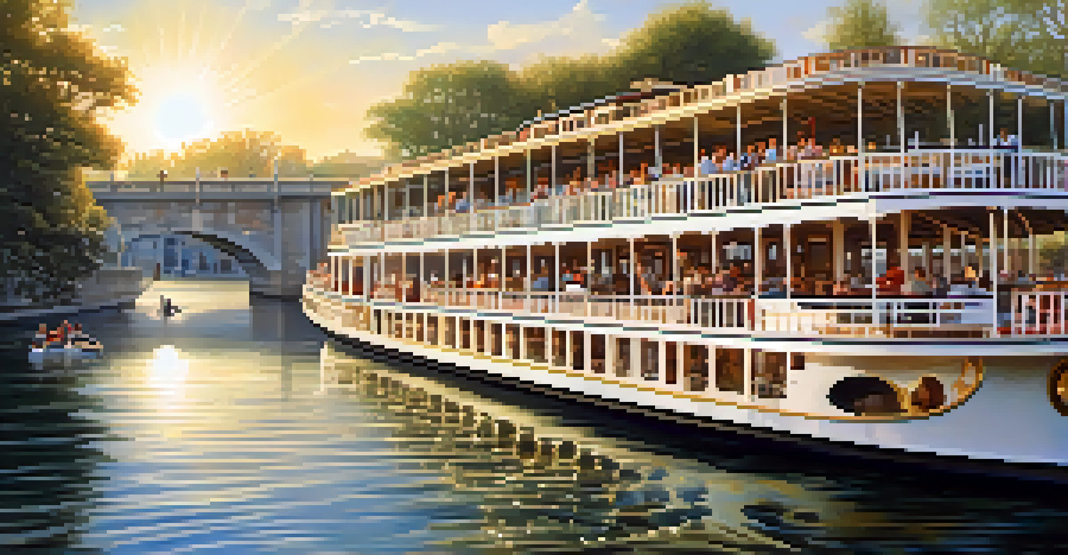 Passengers on a riverboat cruise, capturing photos of dolphins and enjoying views of historic Savannah architecture.