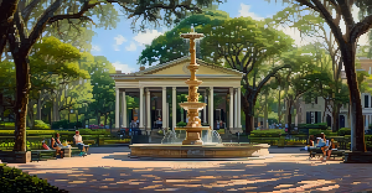A serene park square in Savannah with blooming azaleas, a historic fountain, and visitors enjoying the lush greenery under warm afternoon sunlight.