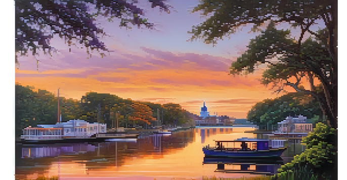 A sunset view of the Savannah River, with colorful sky reflections on the water and historic buildings along the banks.