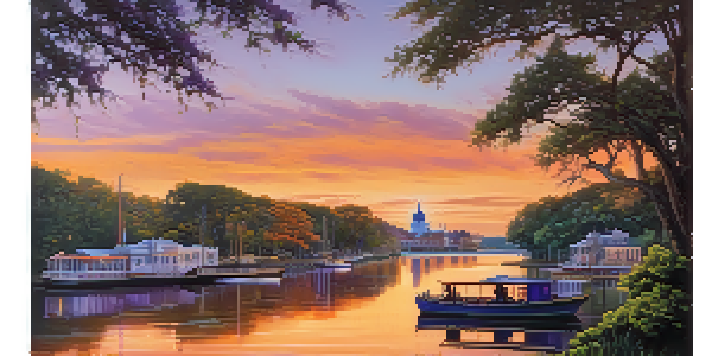 A sunset view of the Savannah River, with colorful sky reflections on the water and historic buildings along the banks.