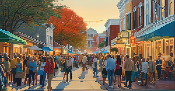A lively street scene at the Savannah Film Festival with diverse attendees and colorful banners.