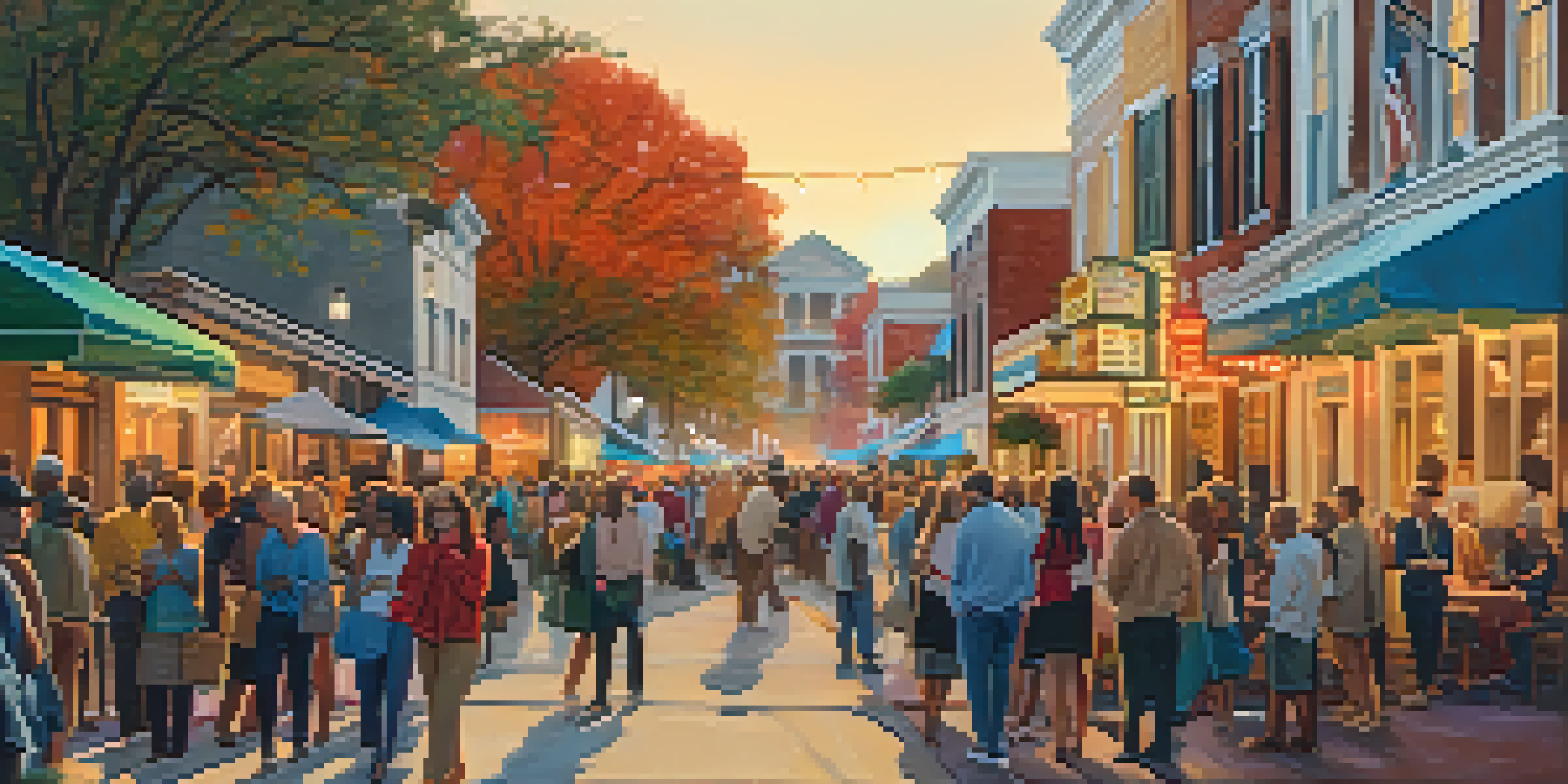 A lively street scene at the Savannah Film Festival with diverse attendees and colorful banners.