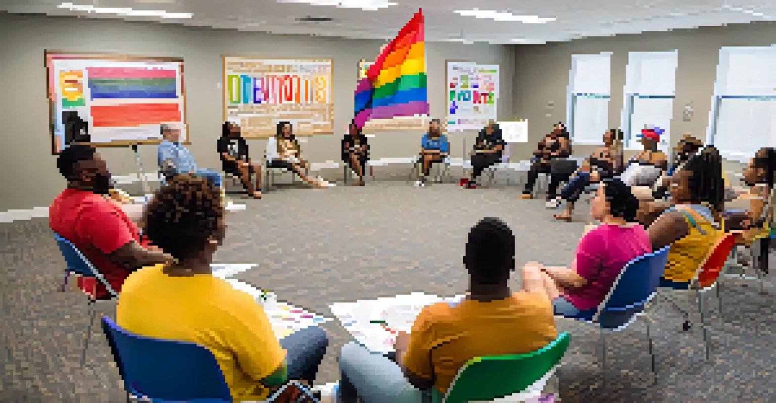 A community workshop at Savannah Pride with diverse participants engaging in discussions in a brightly decorated room with pride flags.
