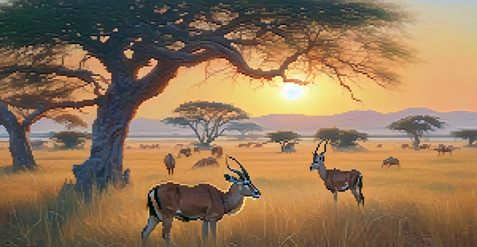 A picturesque savannah landscape at sunset, featuring antelopes and lions among acacia trees with a warm sky.