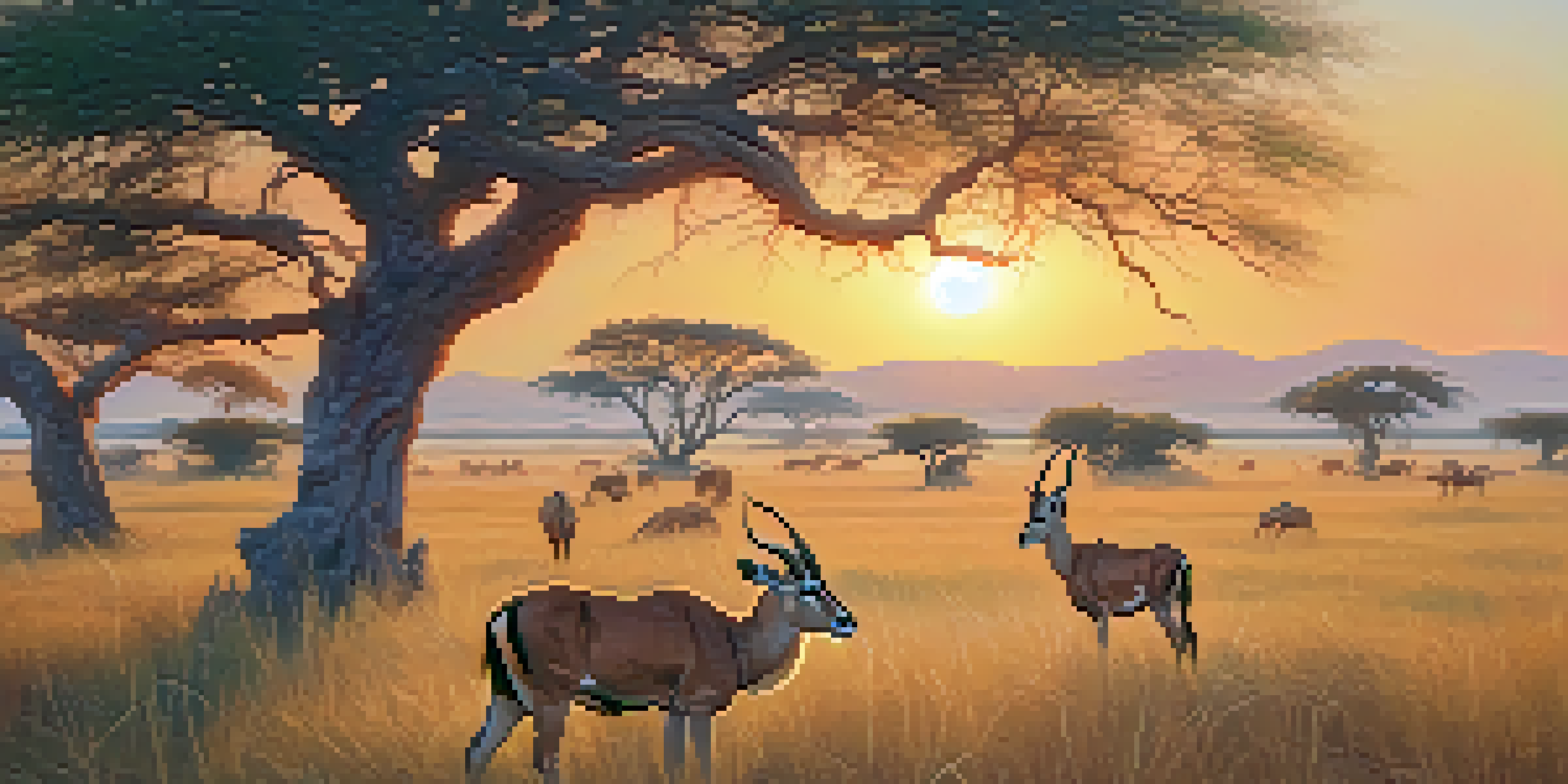 A picturesque savannah landscape at sunset, featuring antelopes and lions among acacia trees with a warm sky.