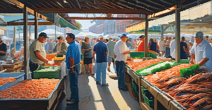 A busy seafood market in Savannah, featuring fresh shrimp and oysters with local fishermen and customers in a sunny environment.