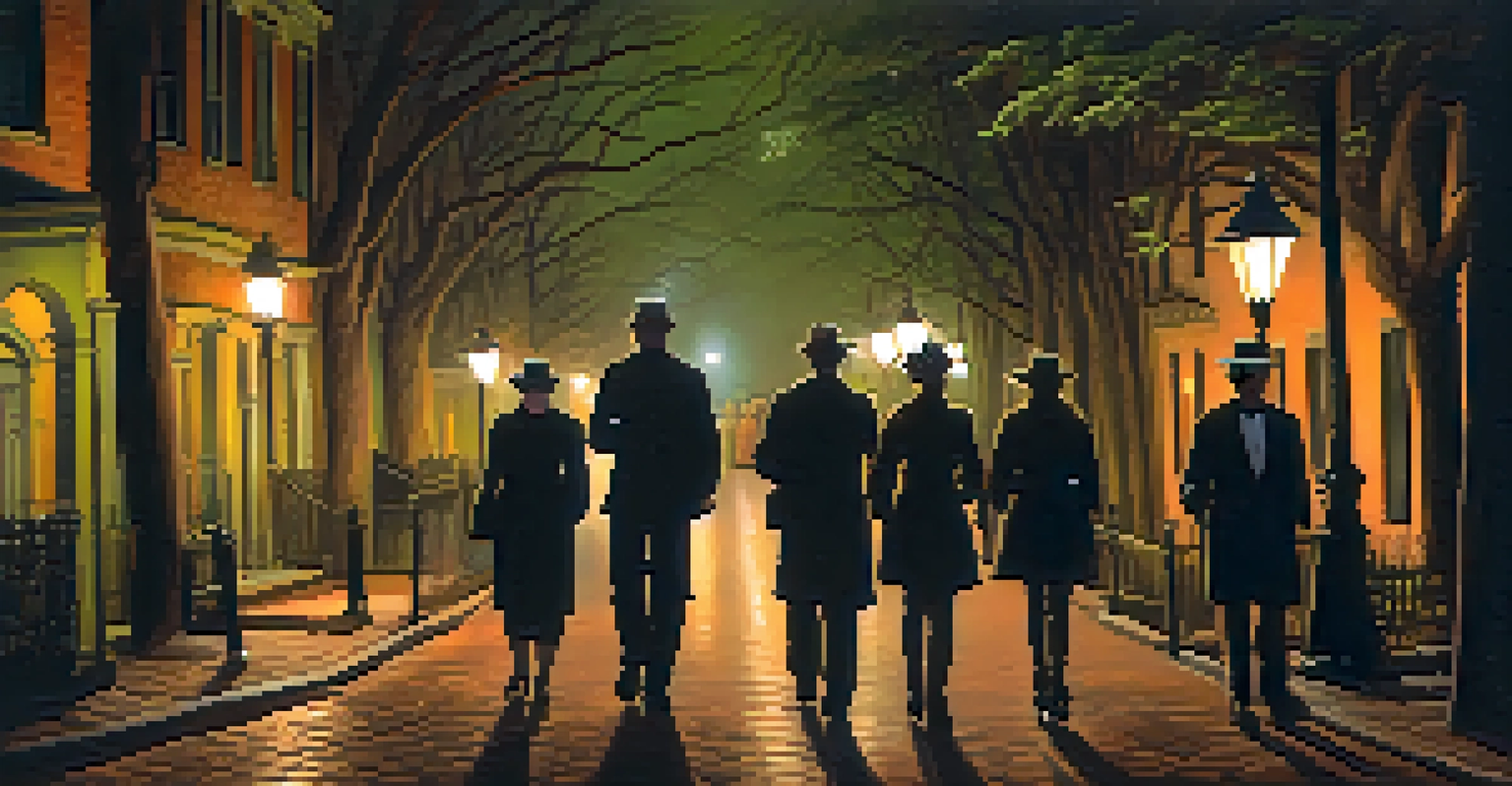 A ghost tour group walking through the dim streets of Savannah with lanterns in hand, surrounded by historic buildings.