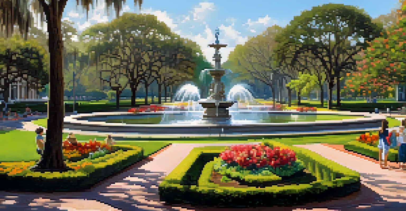 A view of Forsyth Park with the iconic fountain, surrounded by colorful flowers and artists painting, under a bright blue sky.