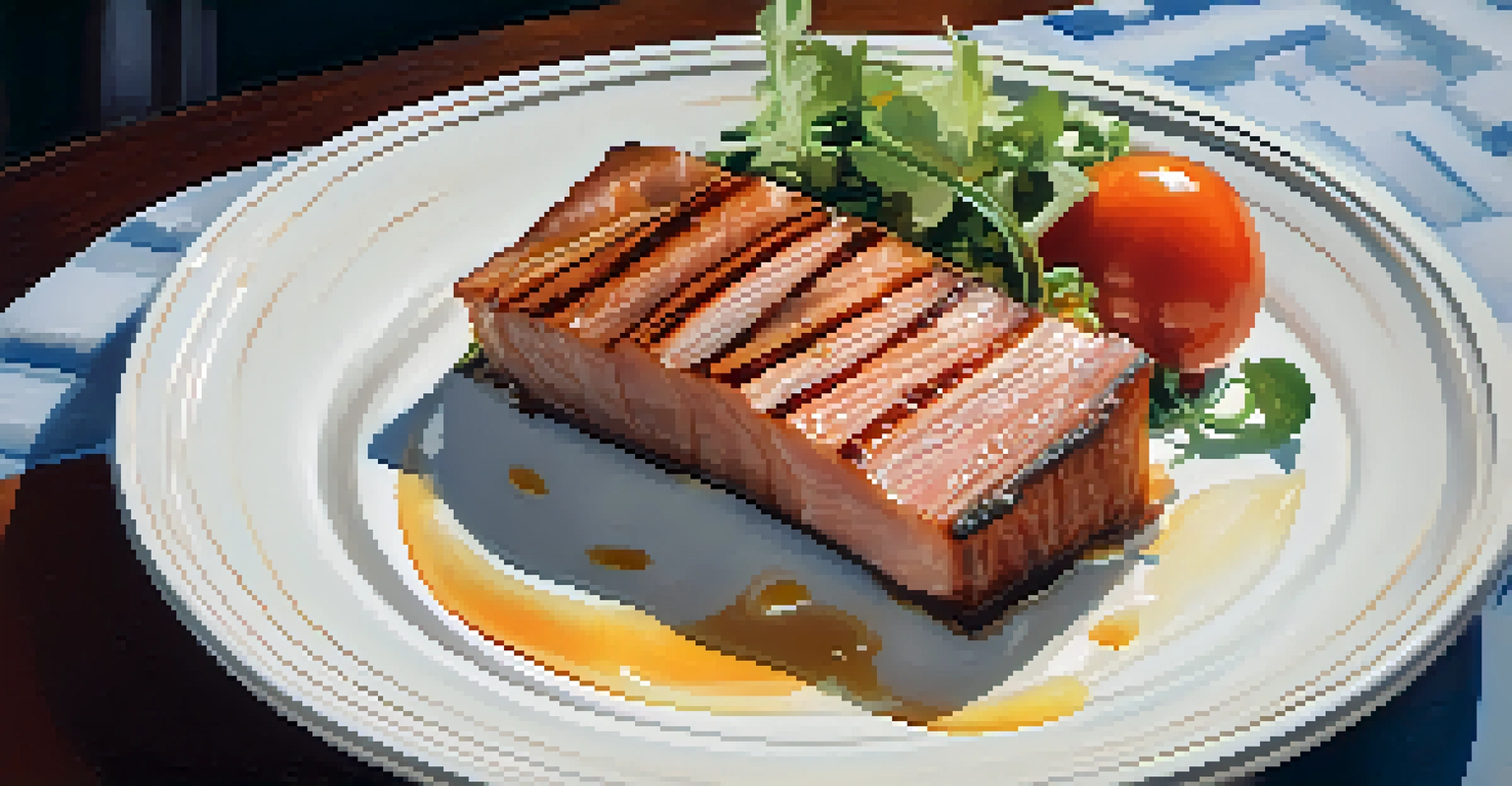 A stylishly presented dish of smoked pork belly and heirloom tomato salad in a vintage restaurant setting.
