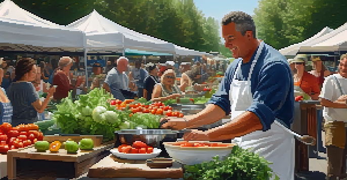 A chef demonstrating cooking with fresh ingredients at a lively farmers' market, engaging with an audience.