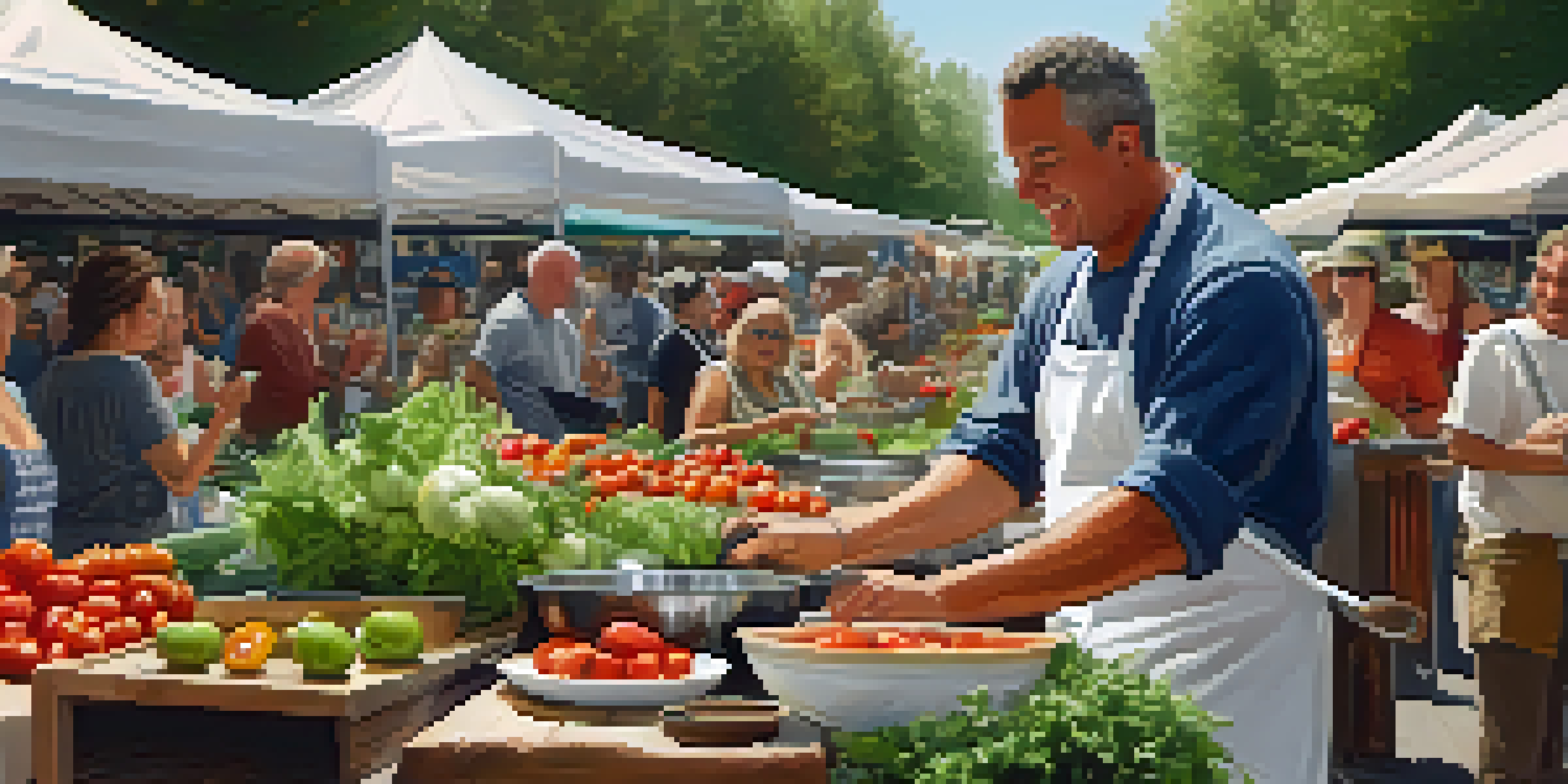 A chef demonstrating cooking with fresh ingredients at a lively farmers' market, engaging with an audience.