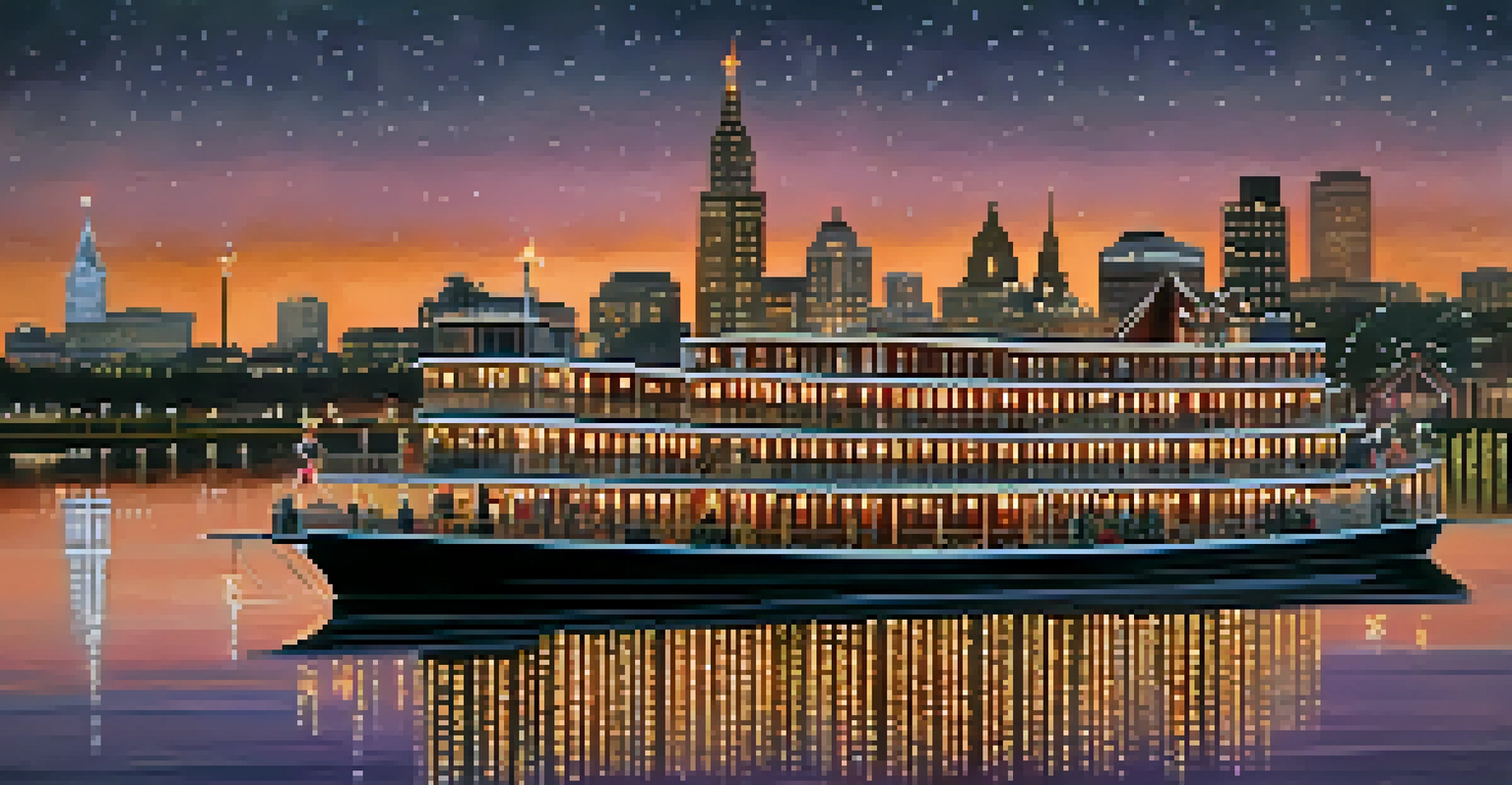 A festive winter riverboat cruise in Savannah, with holiday decorations and passengers enjoying warm drinks against a sunset backdrop.