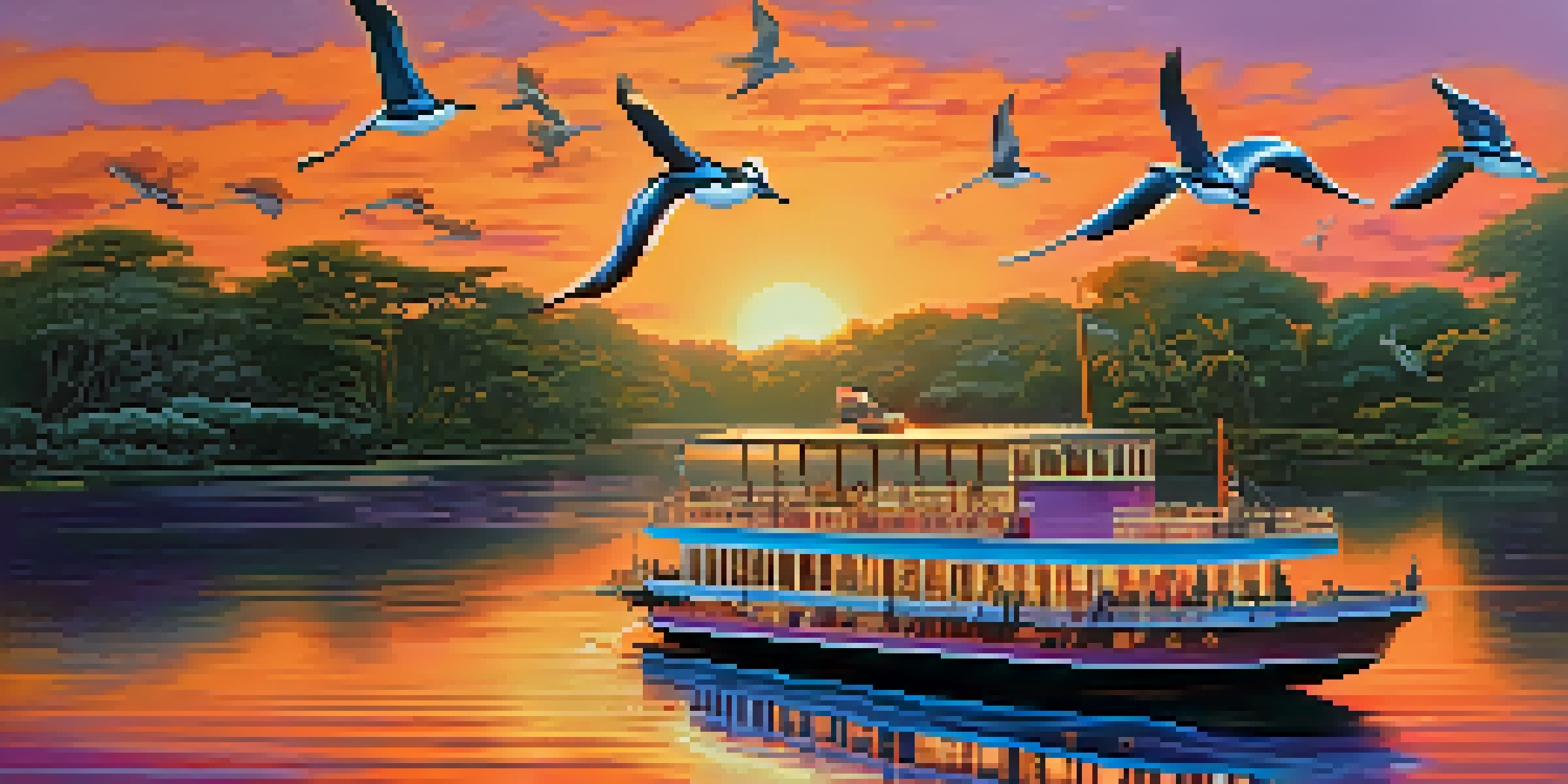 A riverboat cruising at sunset with dolphins swimming alongside and herons on the banks in a colorful sky.