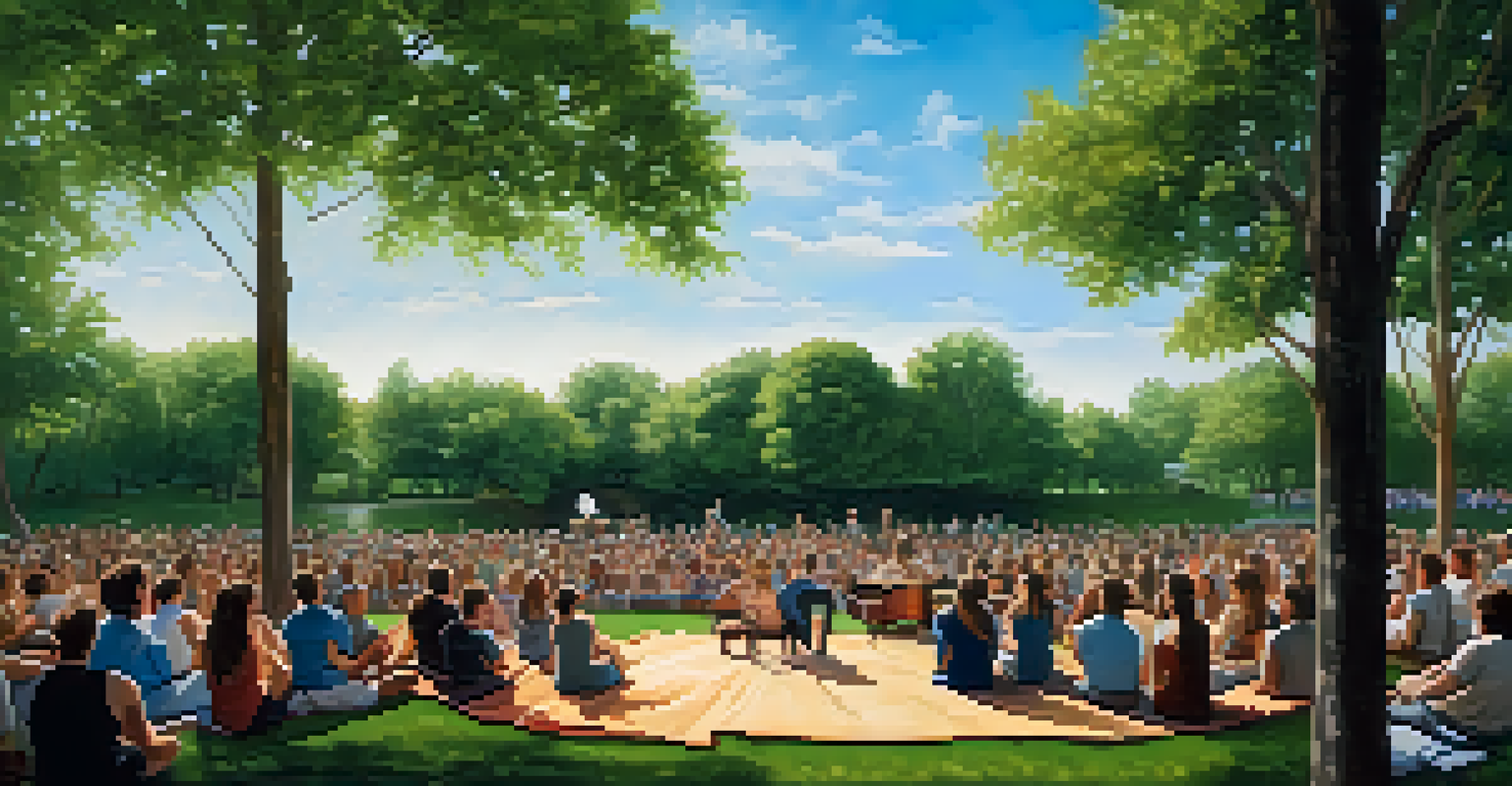 An outdoor performance at Theater in the Park with local artists on stage and an audience seated on picnic blankets surrounded by lush greenery.
