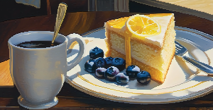 A rustic café table with a slice of lemon blueberry cake and a cup of coffee, surrounded by vibrant local art and warm sunlight.