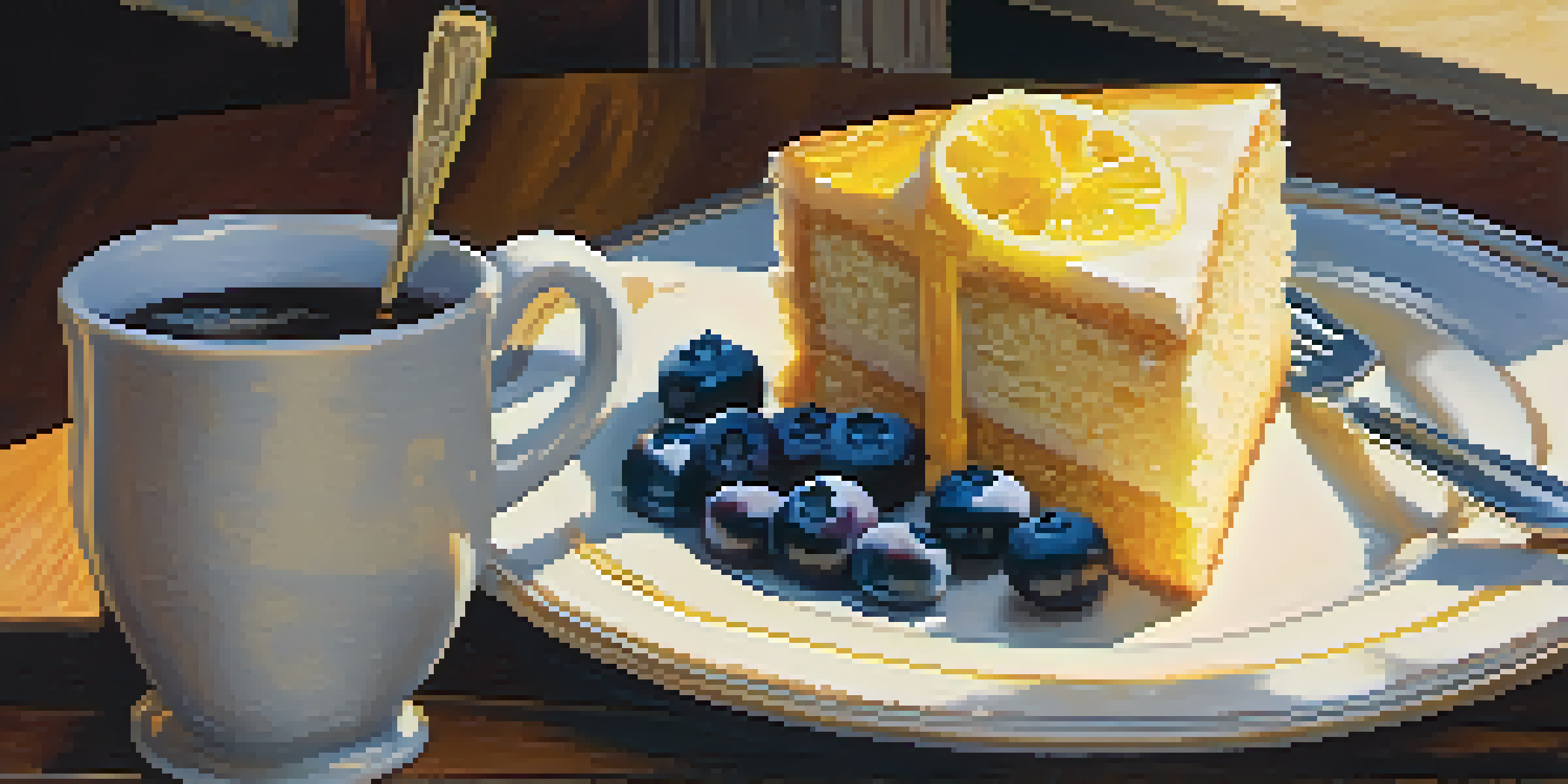 A rustic café table with a slice of lemon blueberry cake and a cup of coffee, surrounded by vibrant local art and warm sunlight.