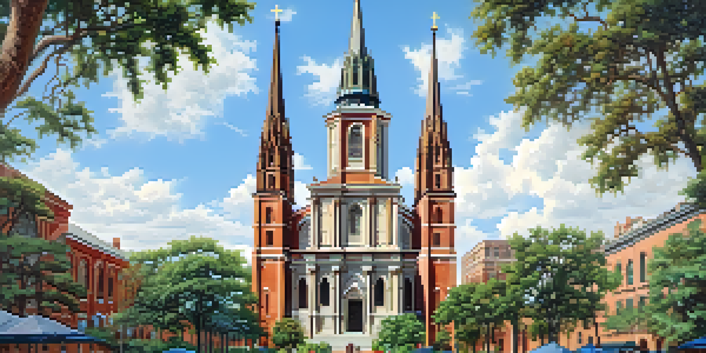 A wide shot of the Cathedral of St. John the Baptist with its tall spires and colorful stained glass, surrounded by trees and historical squares in Savannah.