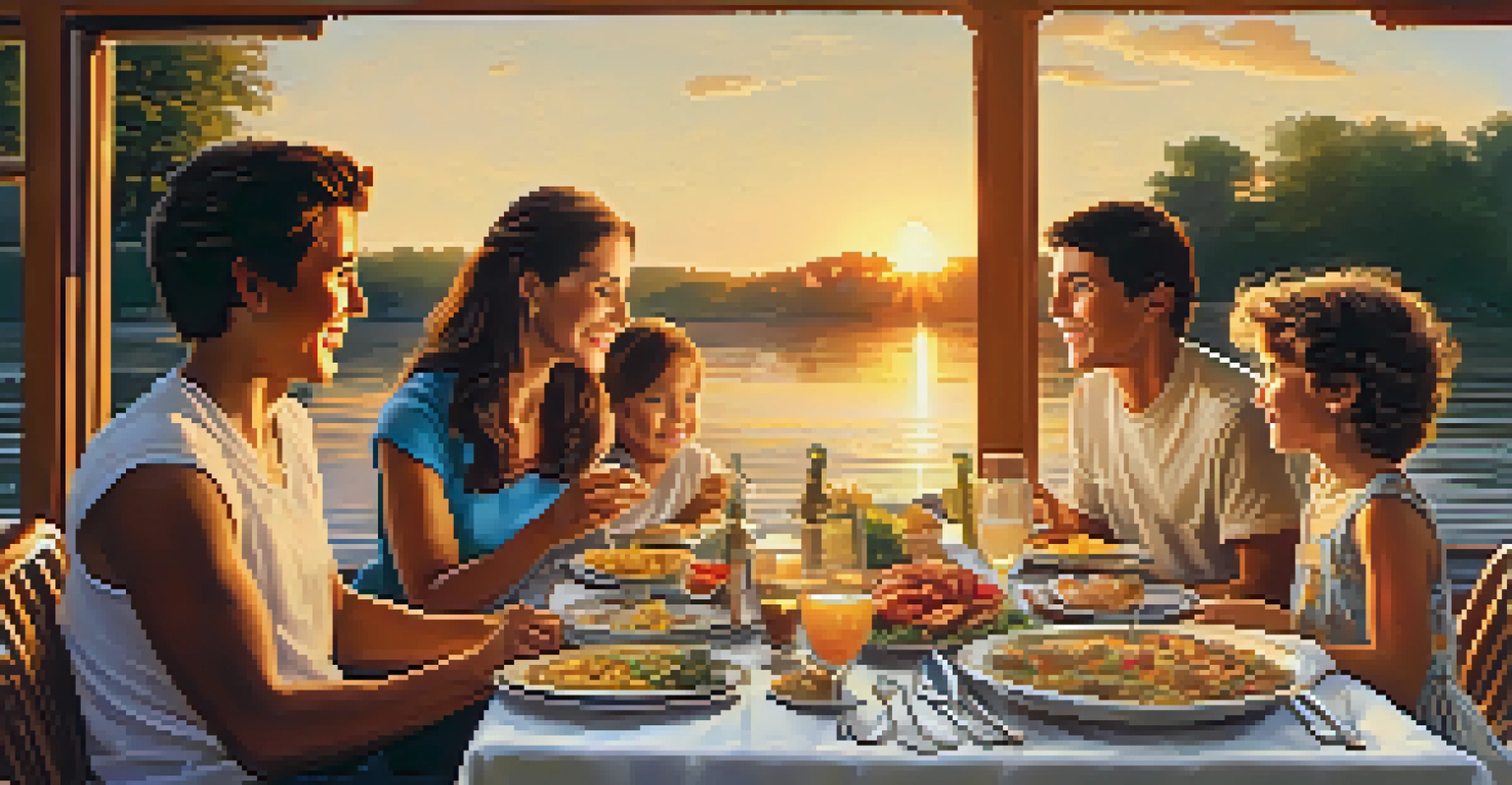 A family enjoying dinner on a riverboat with a sunset in the background, featuring a variety of dishes on the table.