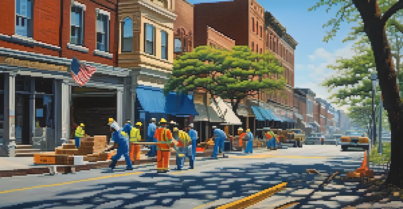 A hopeful illustration of Savannah's post-war recovery, showing diverse workers repairing infrastructure and new businesses thriving.
