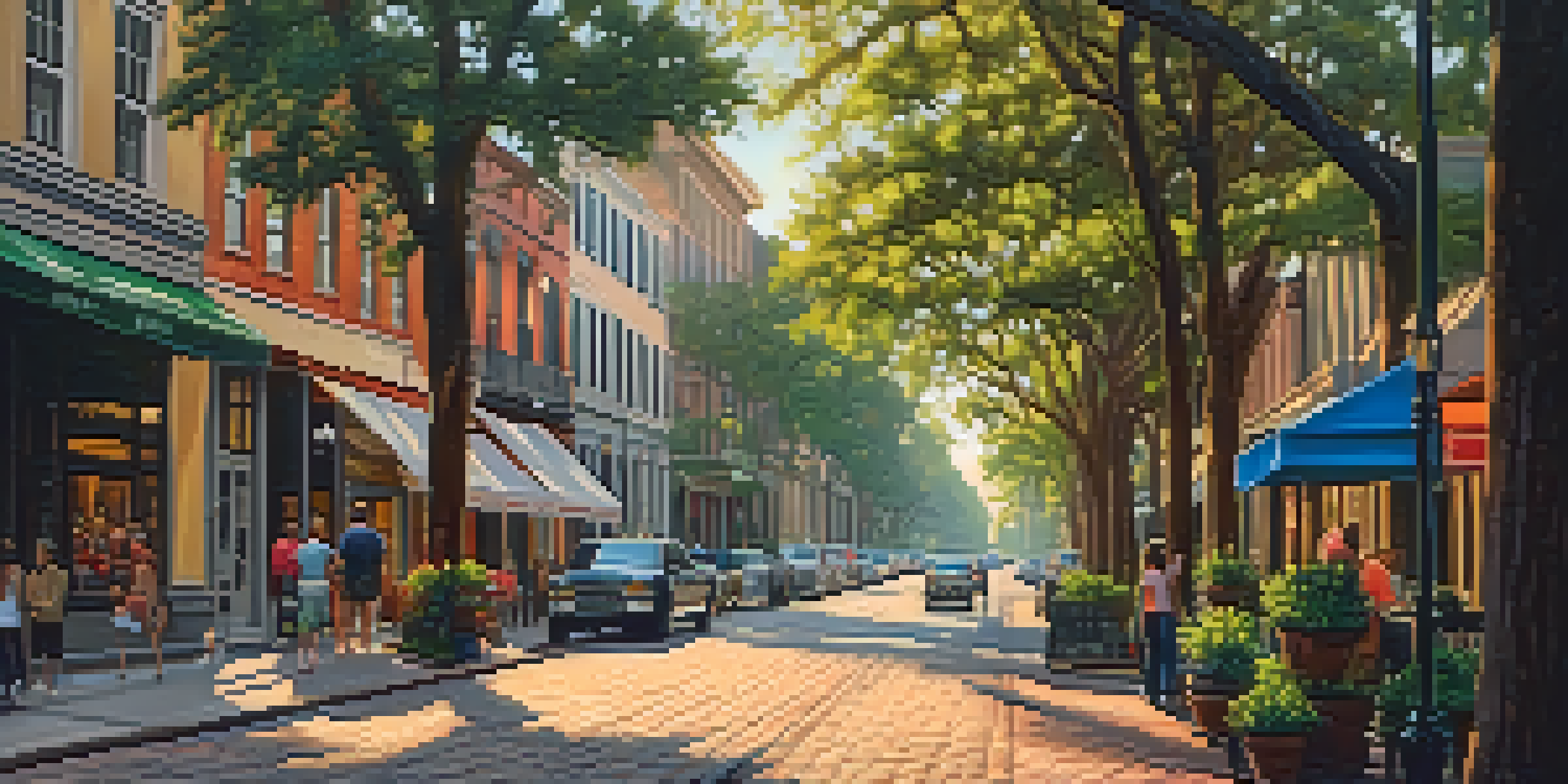 A street scene in Savannah with cobblestone streets, historic buildings, and artists displaying their colorful paintings in warm sunlight.