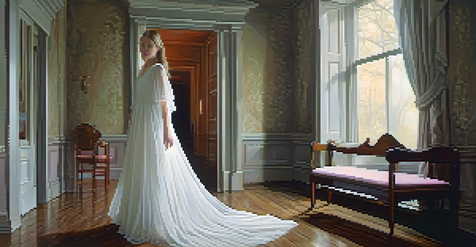 A ghostly girl in a white dress gliding through a dimly lit hallway of the Olde Pink House, surrounded by mist.