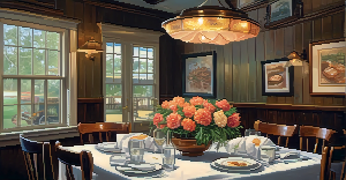 A dining table set with Southern dishes like shrimp and grits, fried chicken, and pecan pie, surrounded by a warm and inviting ambiance.